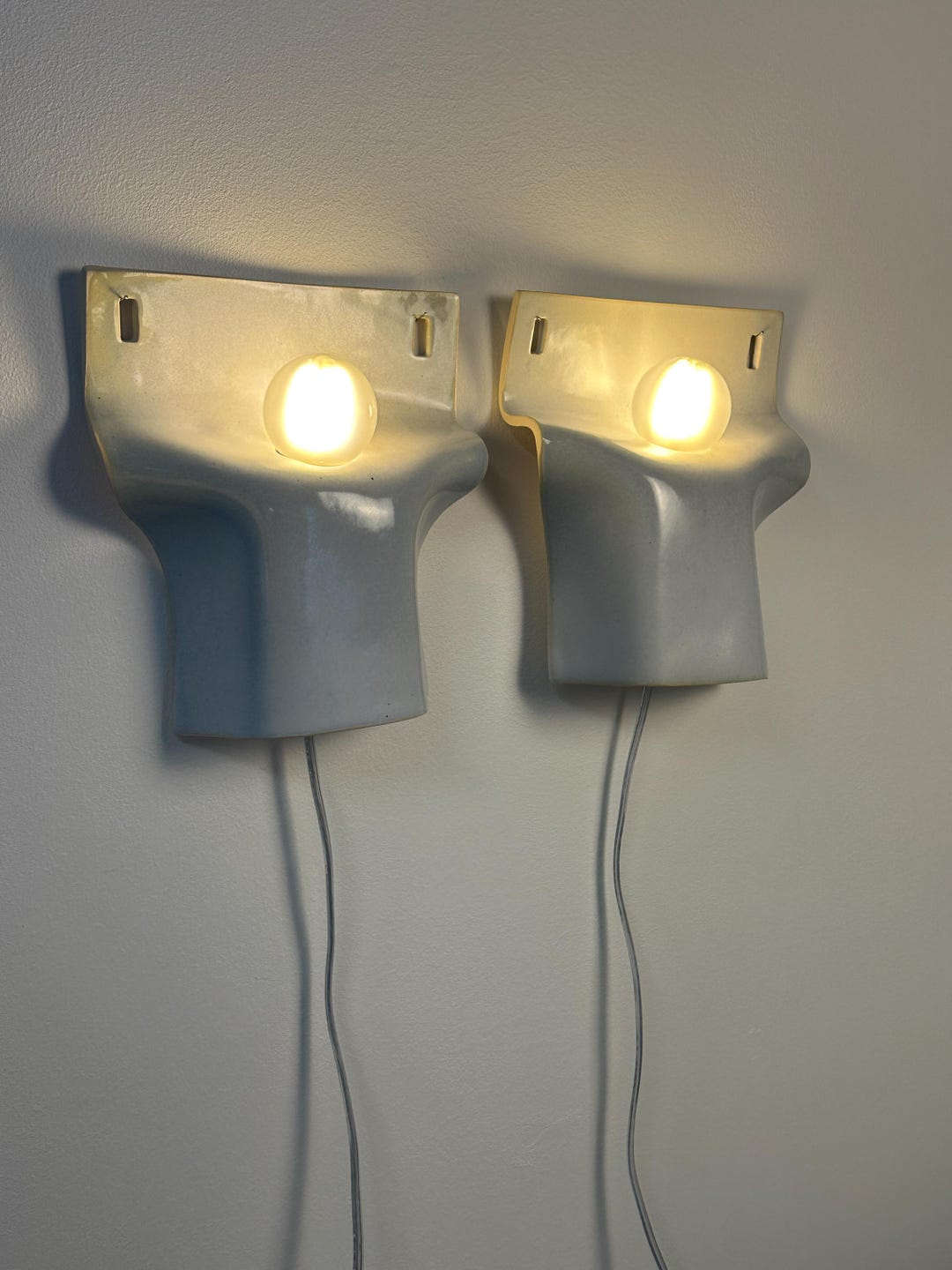 Pair of Handmade Ceramic Wall Sconces, Light Blue & White Matte Glaze, Plug-In Lamps, Bedroom, Living Room, Dining Room Lighting