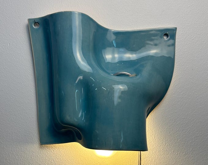 Blue Ceramic Wall Sconce, Plug-In Bedside Lamp, Dimmable Switch, Easy 2-Nail Install, Bedroom & Living Room Interior Decor