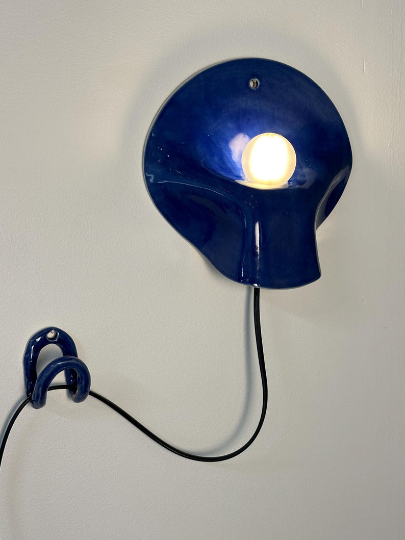 Blue Ceramic Wall Sconce, Plug-in or Hardwired Wall Light, Crystal Glaze, Unique Handmade Finish, Modern Dimmable Lamp, Bedroom Lighting