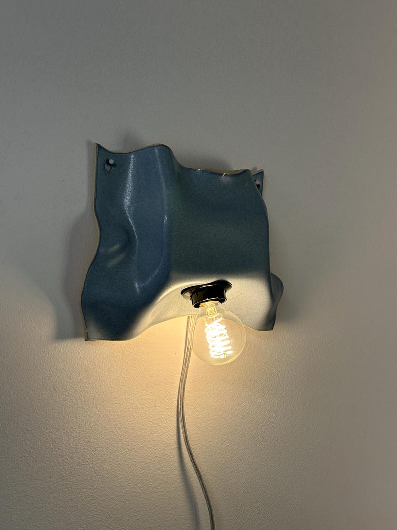 Handmade Blue Ceramic Wall Sconce, Plug-In Dimmable Bedside Lamp, Easy Installation