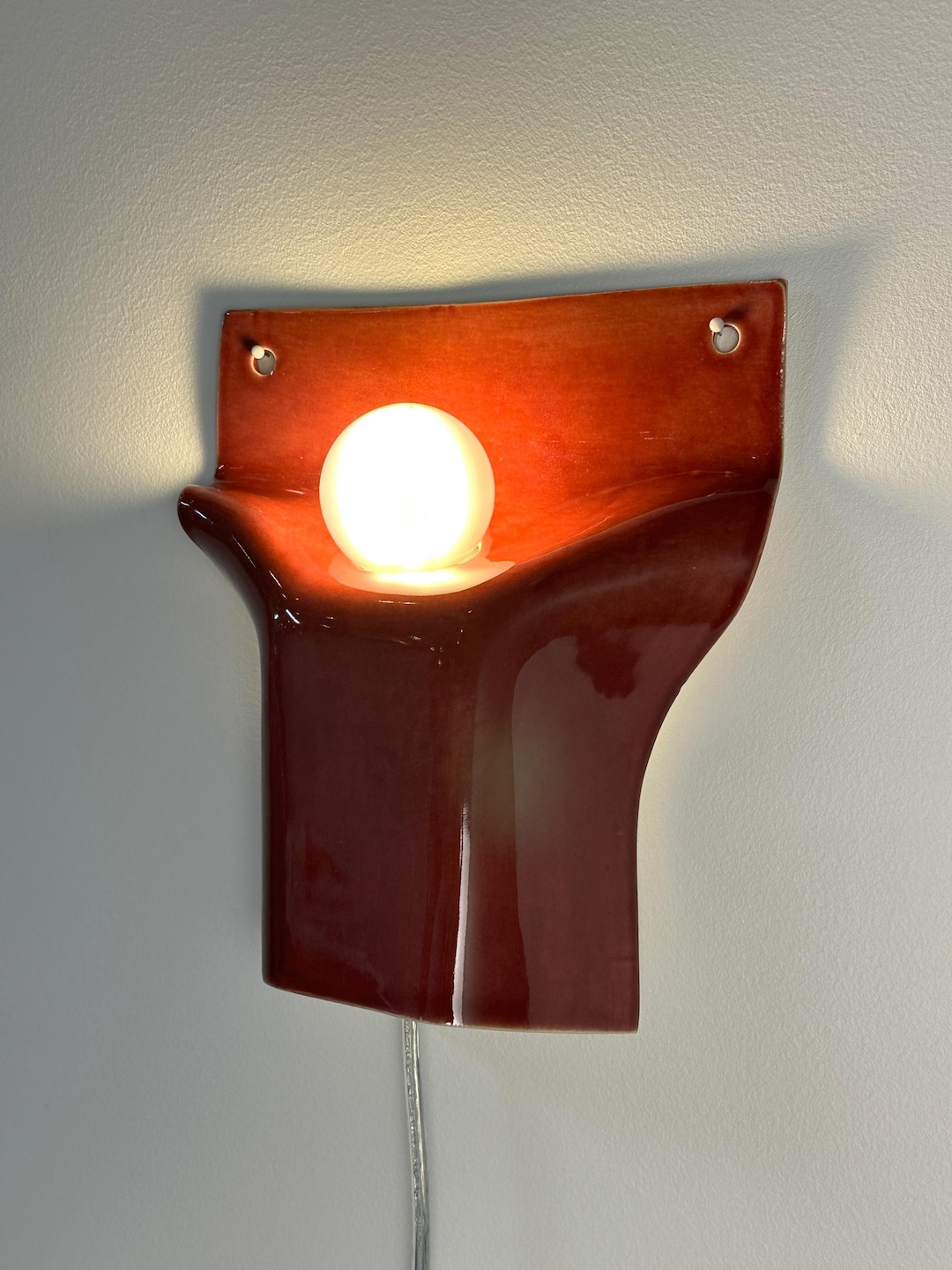 Handmade Burgundy Ceramic Wall Sconce, Modern Geometric Plug-in Light, Ambient Accent Lamp