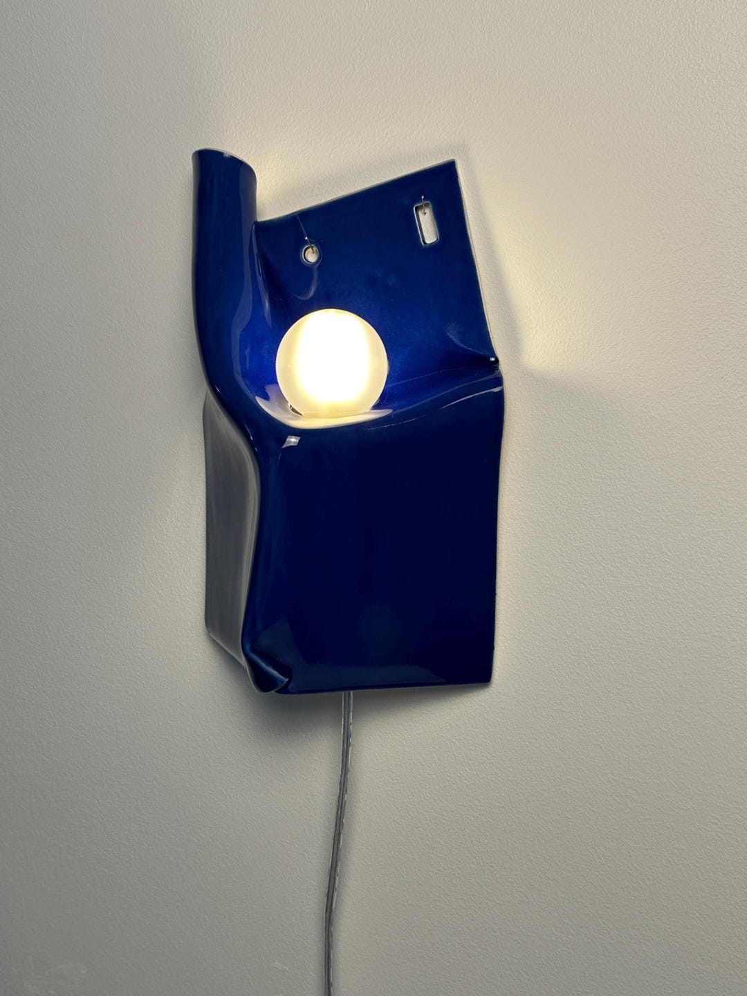 Cobalt Blue Ceramic Wall Sconce, Plug-in or Hardwired Dimmable Lamp, Handmade Sculptural Wall Light, Modern Accent Lighting, Hardwire Sconce