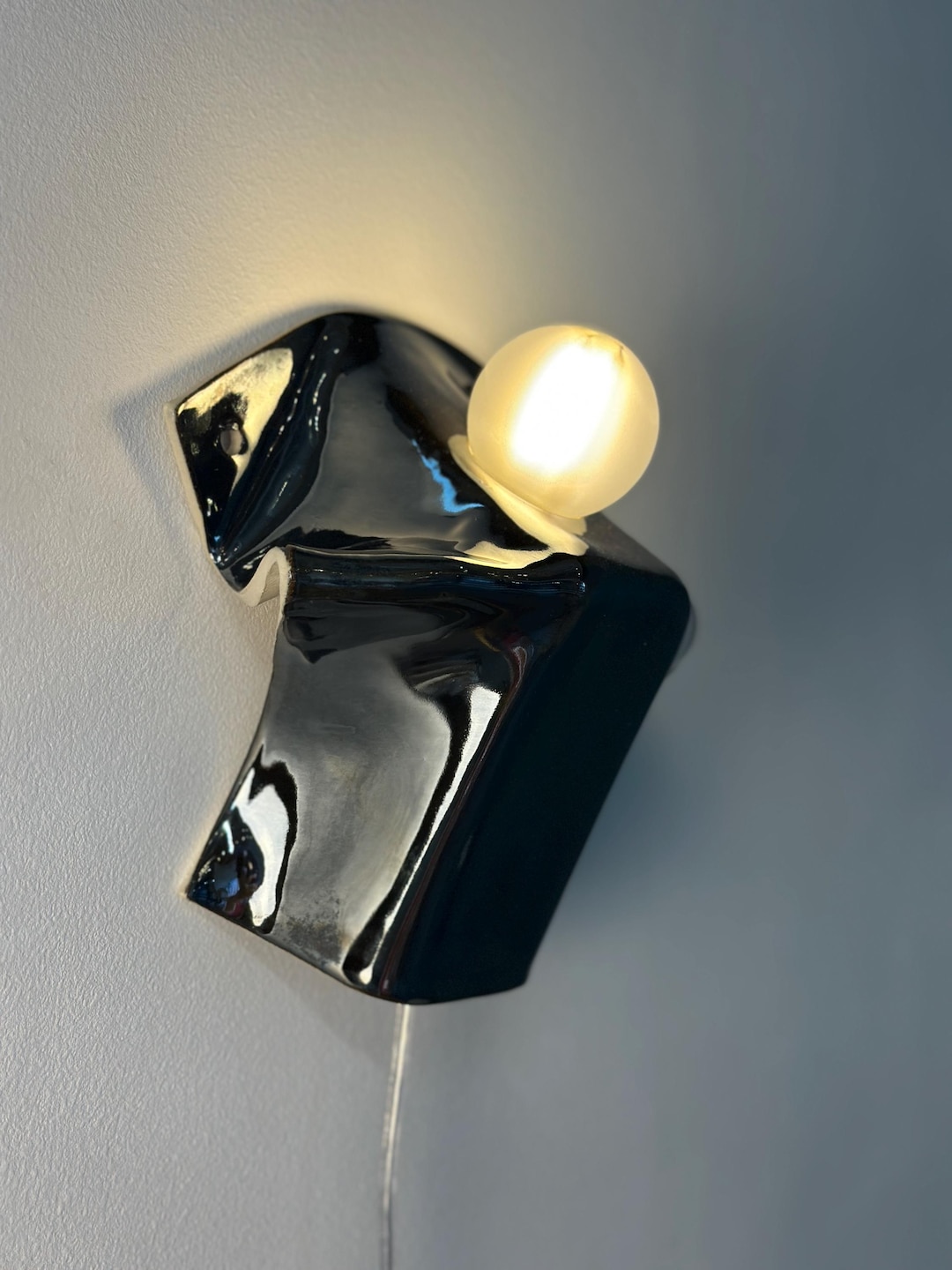 Handmade Ceramic Wall Sconce, Silver Graphite, Modern Plug-In Lamp, Geometric Light