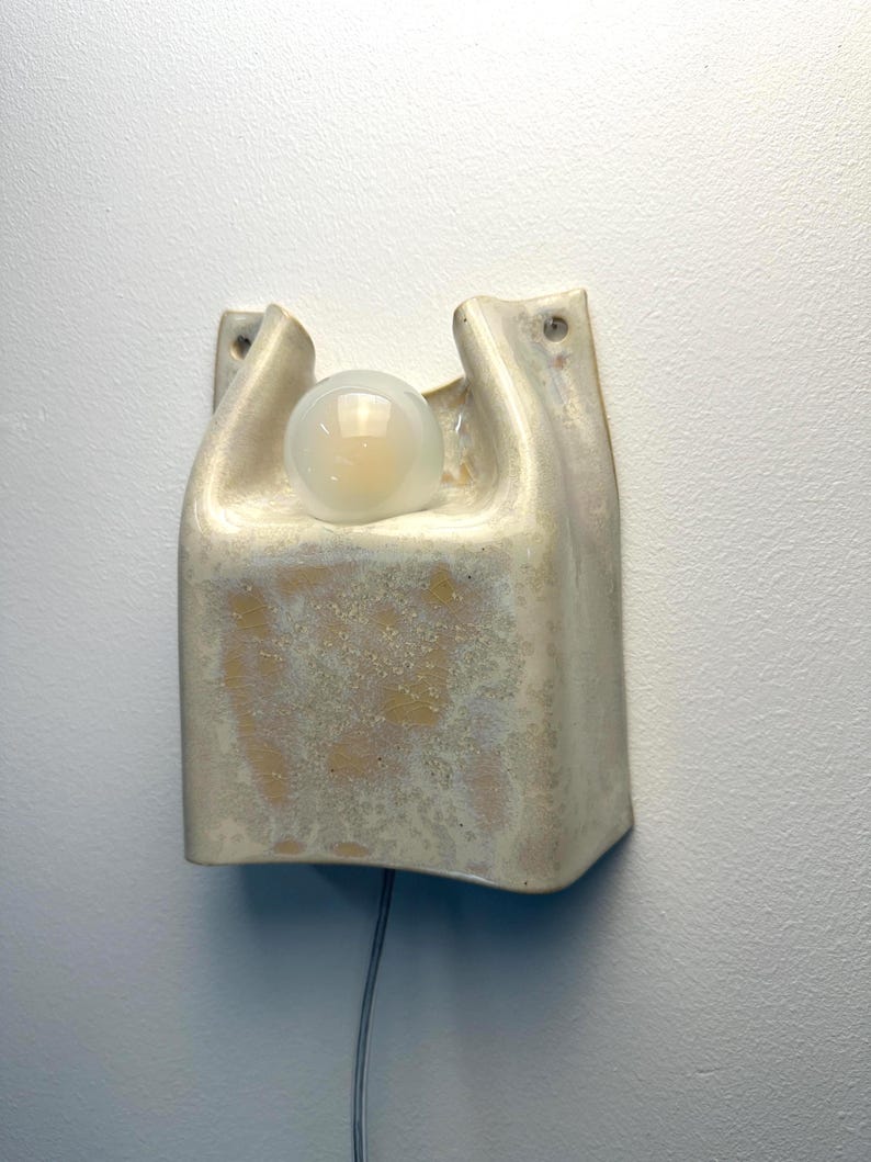 Beige Ceramic Wall Sconce, Plug-In or Hardwired Wall Light, Crystal Glaze, Unique Handmade Finish, Modern Dimmable Lamp, Bedroom Lighting
