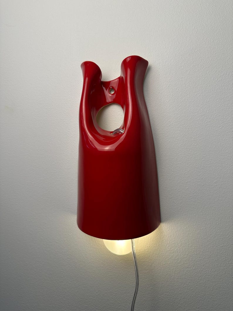 Red Ceramic Wall Sconce, Plug-in Dimmable Wall Light, Handmade Sculptural Lamp, Modern Accent Lighting, Unique Home Decor, Bedside Light
