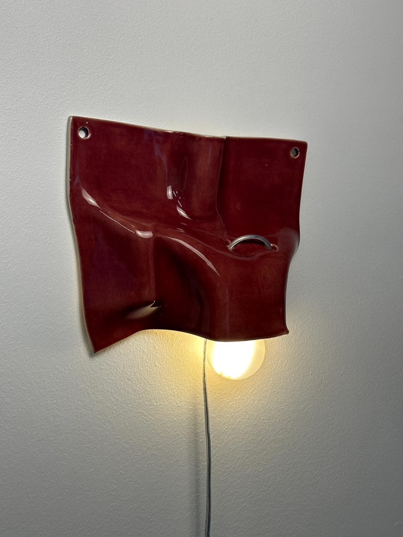 Handmade Burgundy Ceramic Wall Sconce, Modern Geometric Accent Light, Plug-in Bulb Included