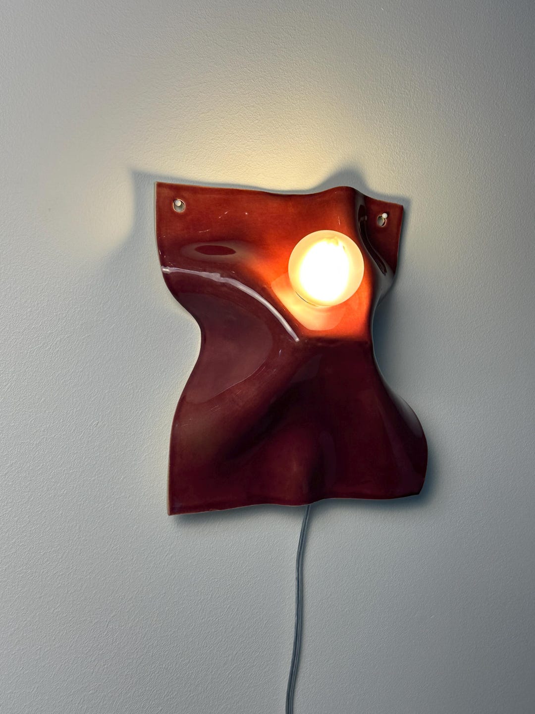 Handmade Burgundy Ceramic Wall Sconce, Plug-in Ambient Light, Modern Artistry