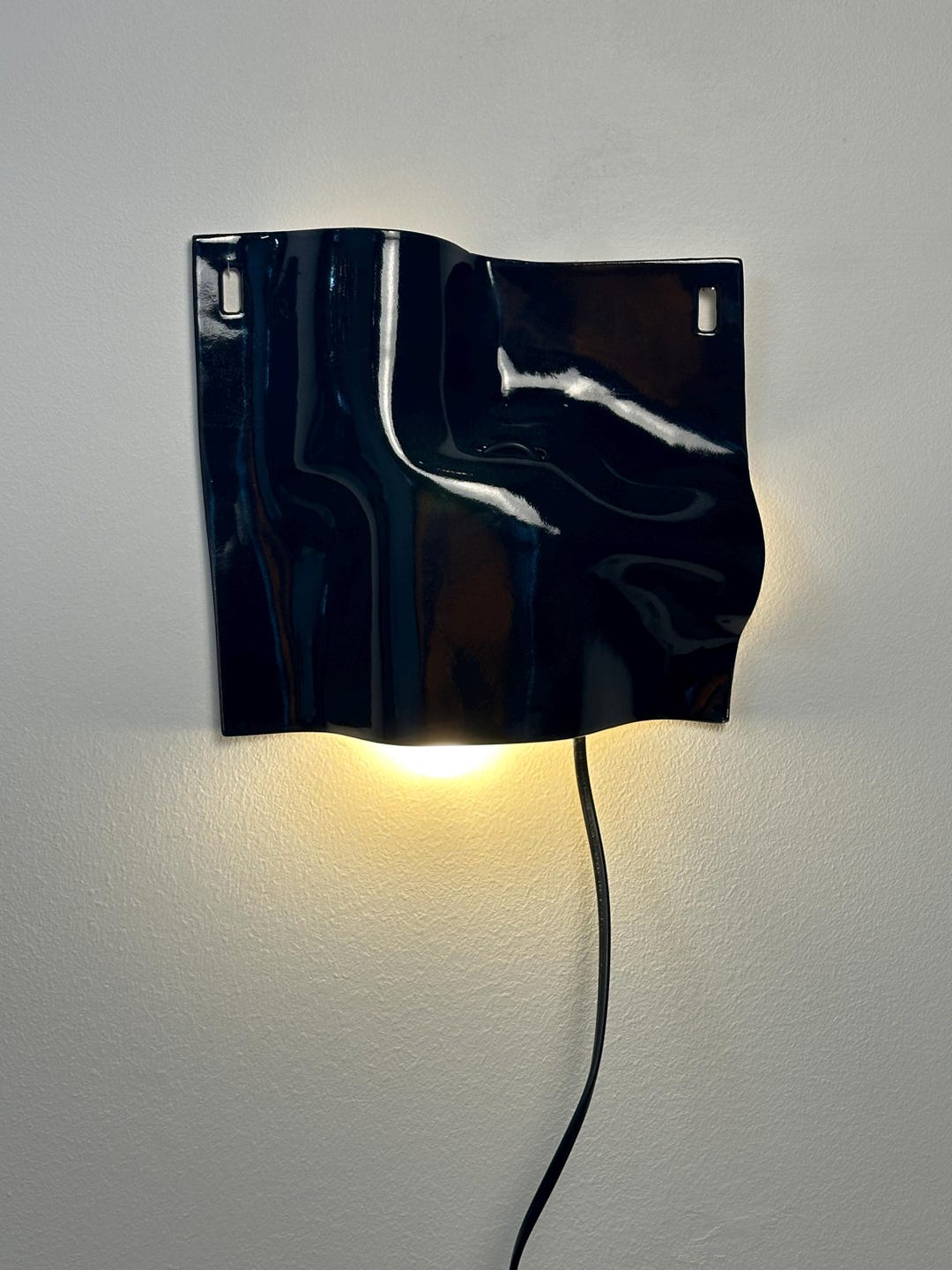 Handmade Black Ceramic Wall Sconce, Modern Plug-in Lamp, Ambient Lighting (8x7x2 Inches)