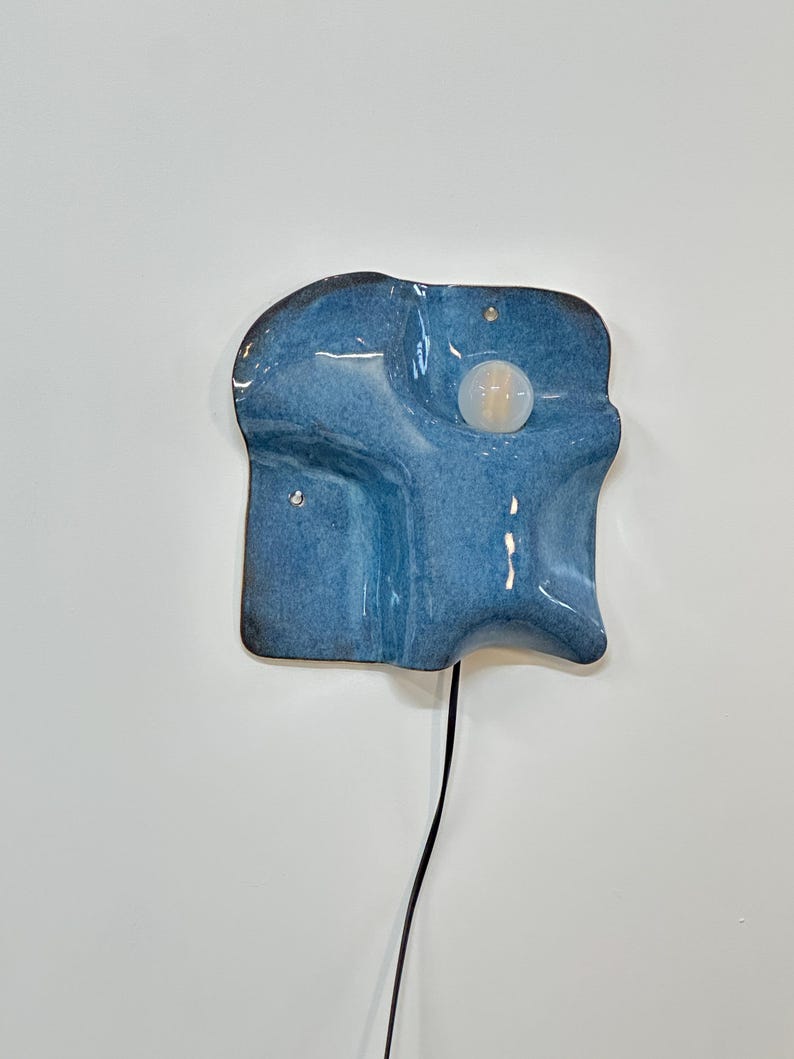 Blue Ceramic Wall Sconce, Plug-in Dimmable Ambient Lamp, Unique Handmade Statement Lighting for Contemporary Interior Design, Accent Lamp