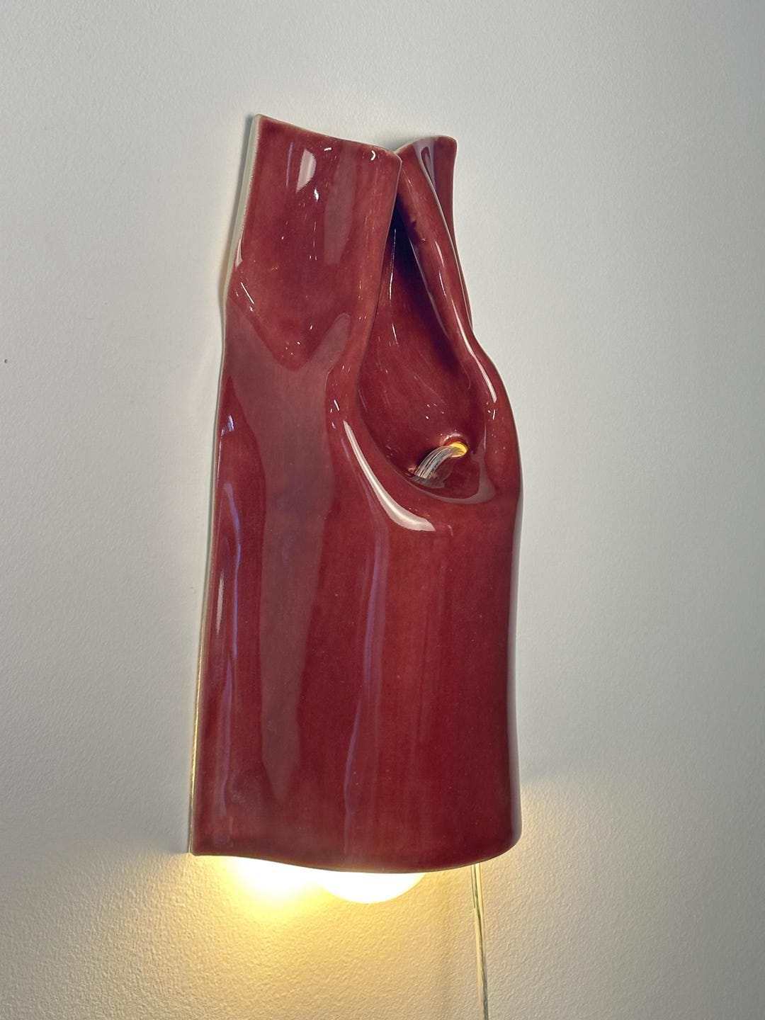 Handmade Burgundy Ceramic Wall Sconce, Modern Plug-in Accent Light, Ambient Glow (bulb Included)