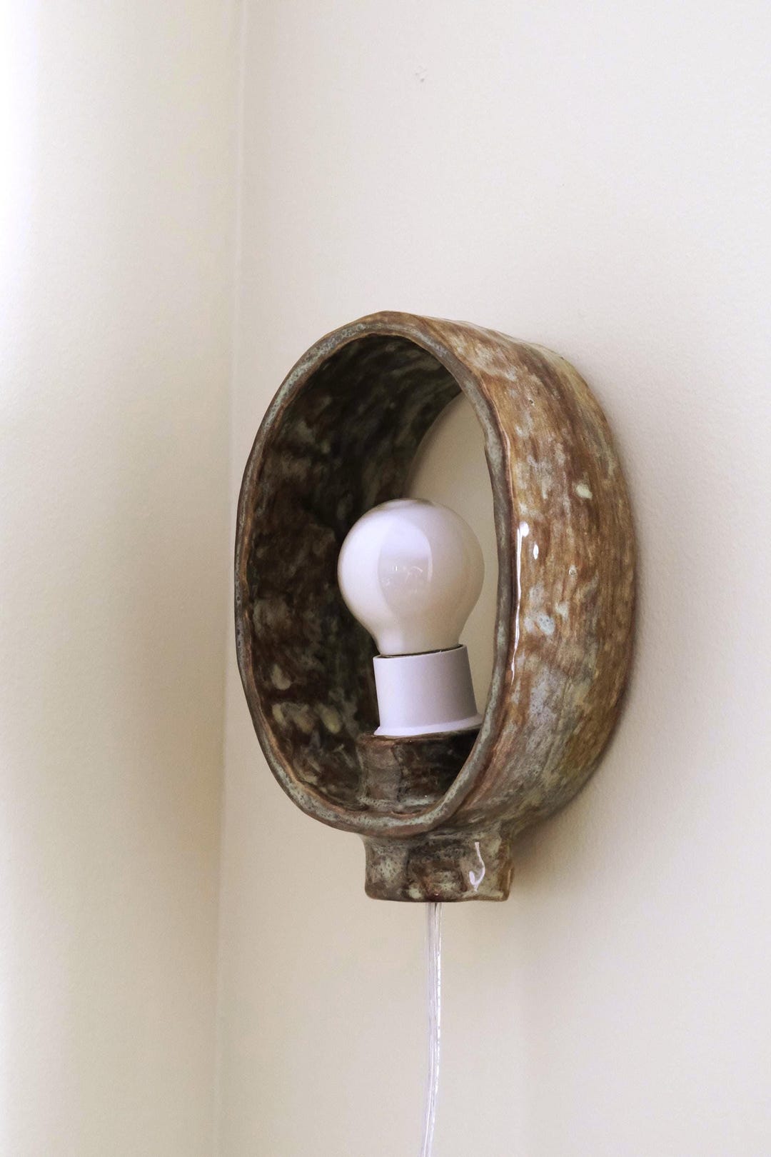 Handmade Oval Ceramic Wall Lamp, Brown Blue Glaze, Plug-in Ambient Light