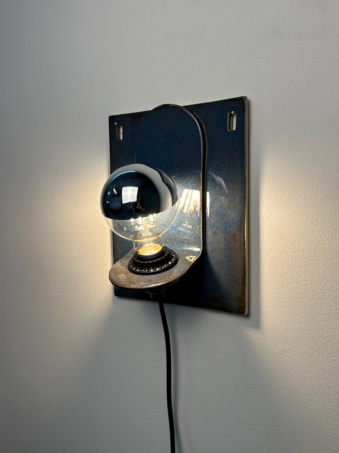 Blue Ceramic Wall Sconce, Plug-In Dimmable Ambient Lamp, Unique Handmade Statement Lighting for Contemporary Interior Design, Accent Lamp
