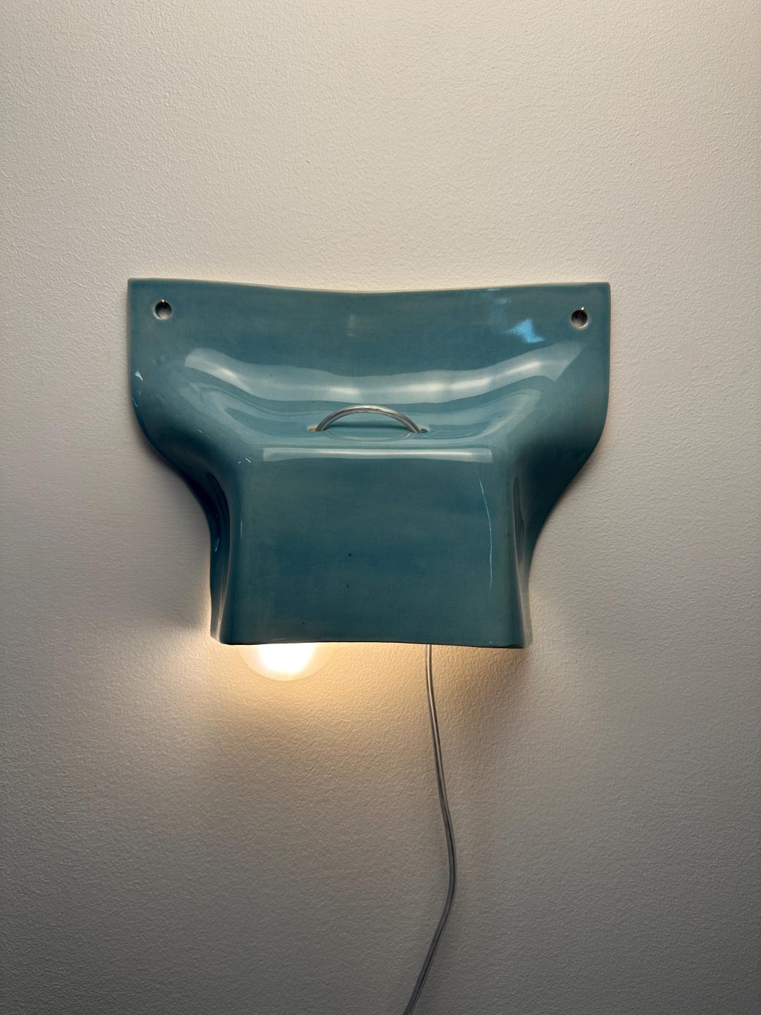 Blue Ceramic Wall Sconce, Plug-In Dimmable Ambient Lamp, Unique Handmade Statement Lighting for Contemporary Interior Design, Accent Lamp