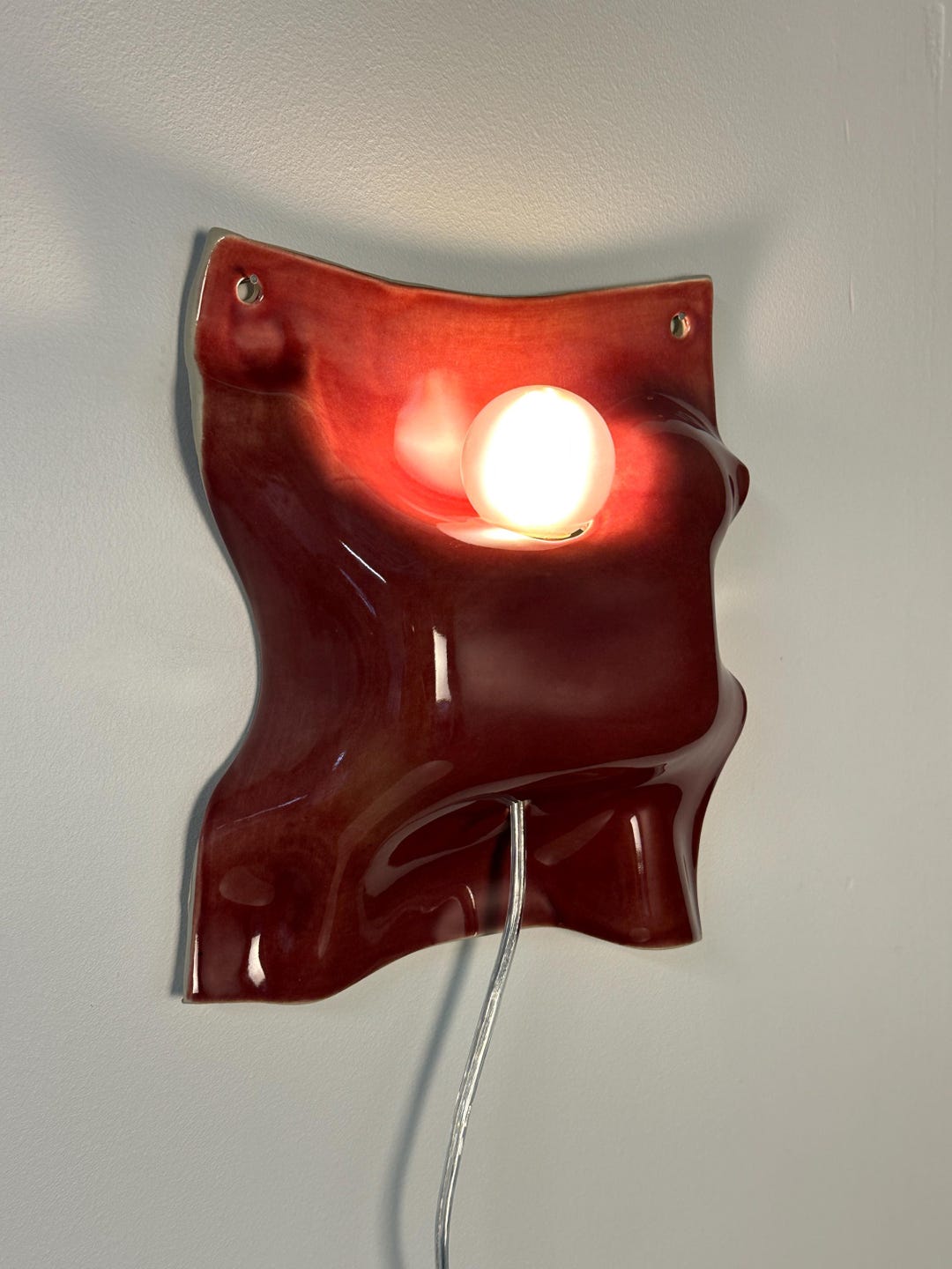 Burgundy Ceramic Wall Sconce, Handmade Plug-in Dimmable Wall Light, Sculptural Accent Lamp, Modern Lighting, Renter-friendly Wall Decor