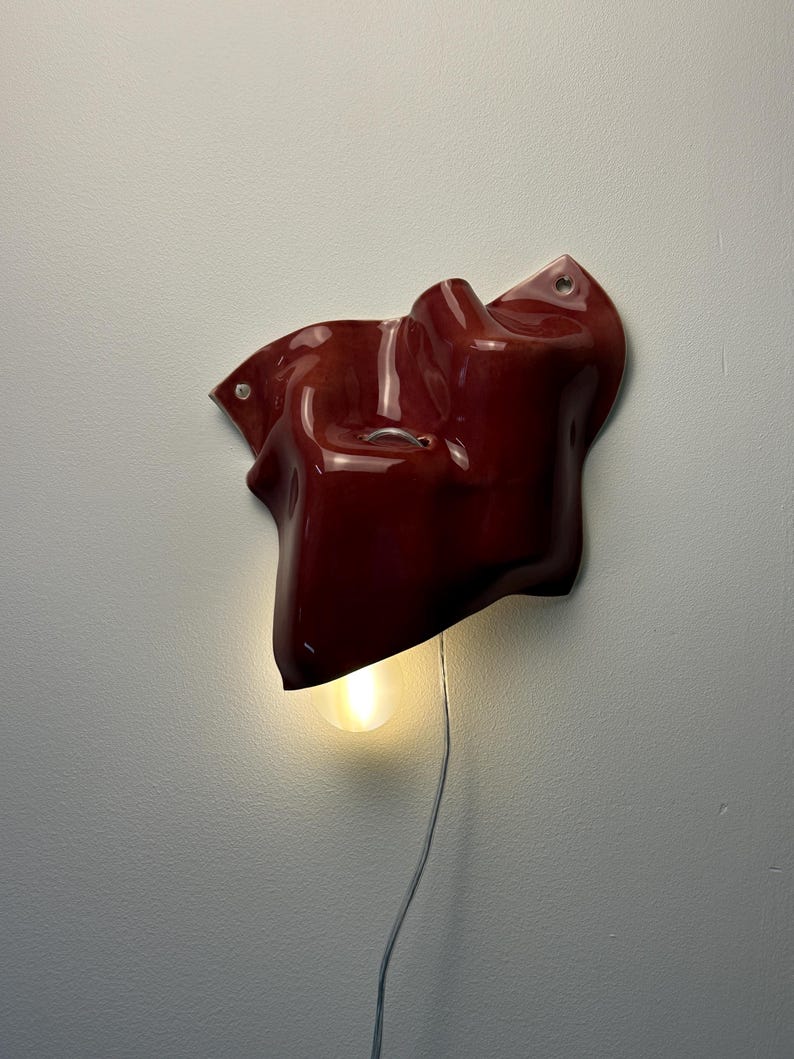Burgundy Ceramic Wall Sconce, Plug-In Wall Lamp, Modern Wall Light, Sculptural Lighting, Geometric Sconce, Bedroom Bedside Light, Home Decor