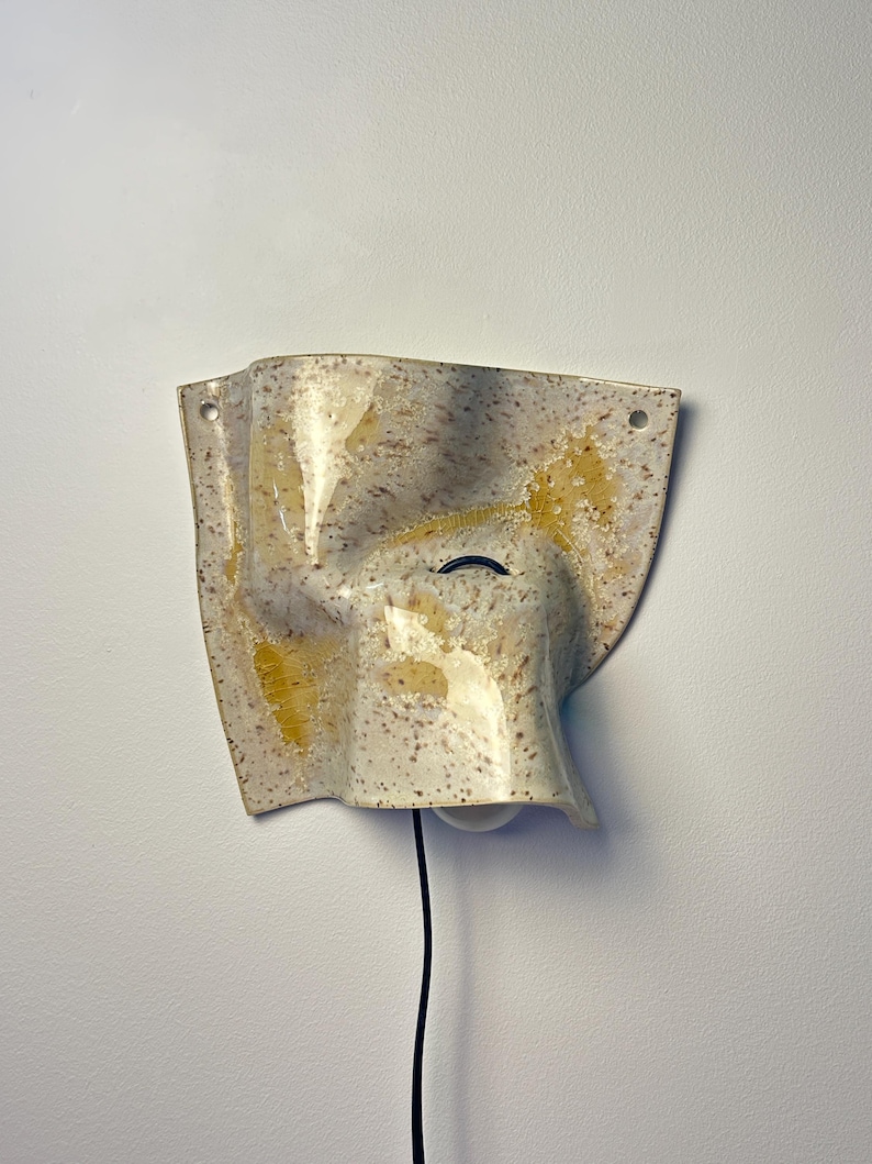 Beige Ceramic Wall Sconce, Plug-In Dimmable Wall Light, Handmade Sculptural Lamp, Modern Bedroom & Bedside Lighting, Minimalist Wall Decor