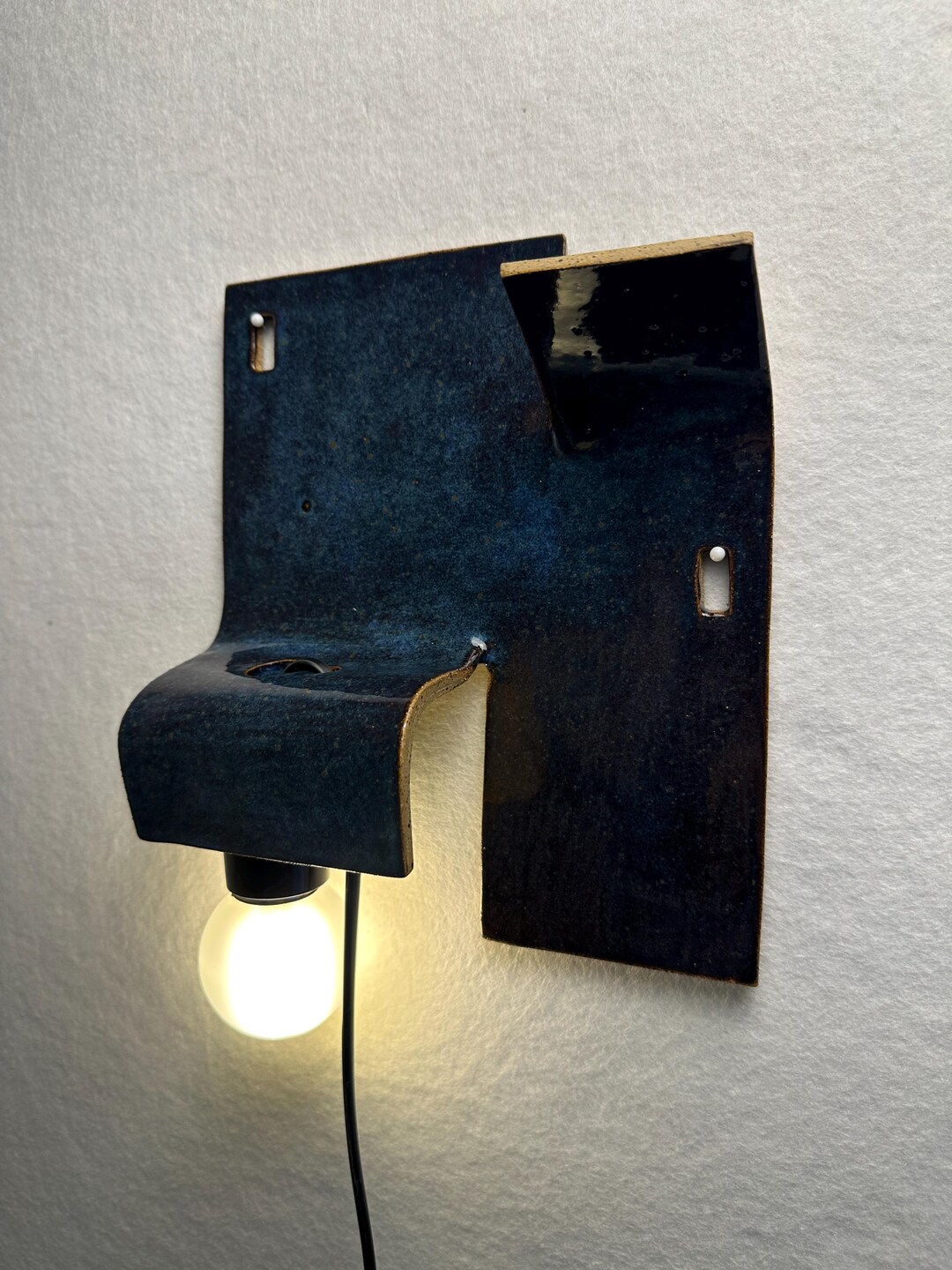 Handmade Ceramic Wall Sconce, Navy Blue Accent Light, Plug-in Ambient Lighting