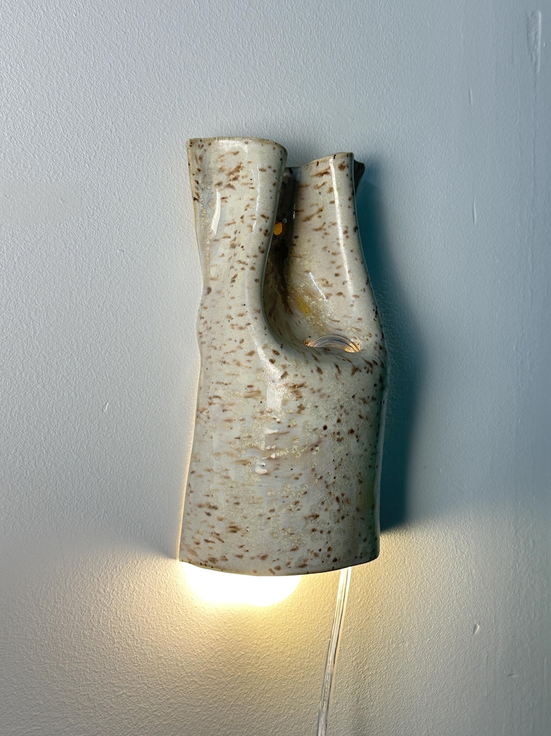 Beige Ceramic Wall Sconce, Plug-in or Hardwired Wall Light, Crystal Glaze, Unique Handmade Finish, Modern Dimmable Lamp, Bedroom Lighting